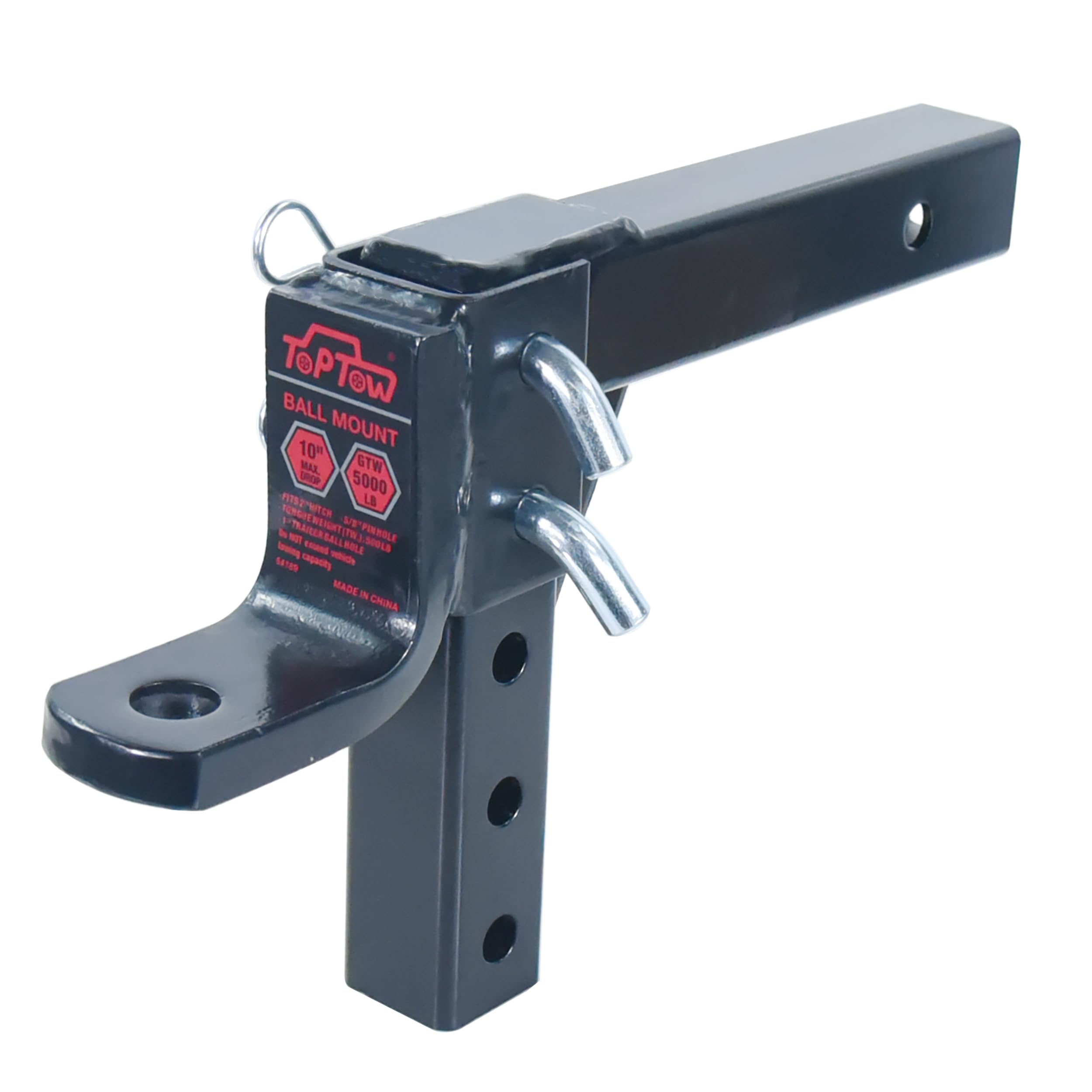 TOPTOW hitch with 10-inch drop and 8-3/4-inch rise for level towing.