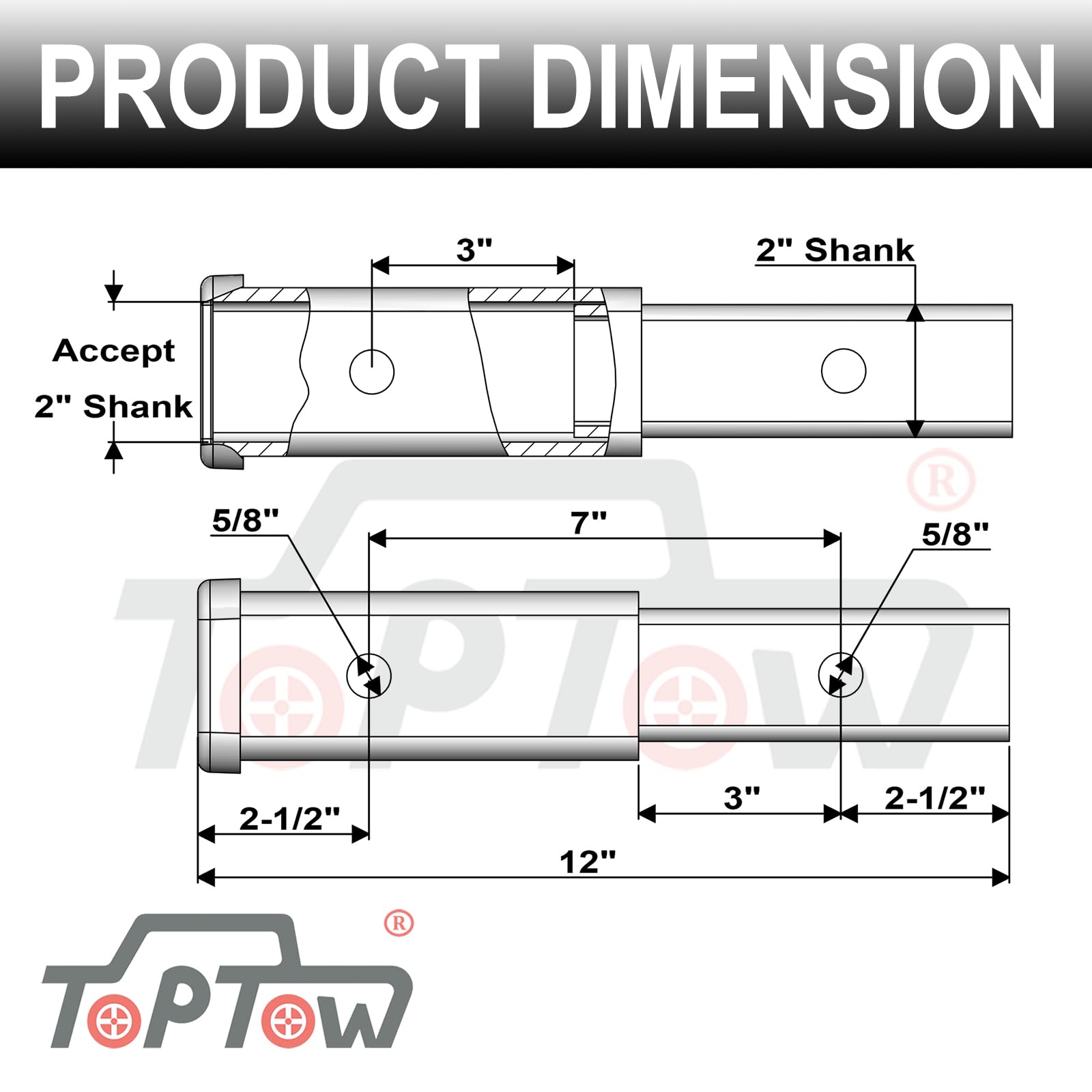 TOPTOW 2inch receiver extension fits standard hitch for added space.
