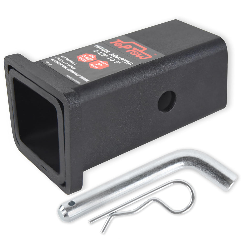 TOPTOW 64028HP trailer hitch adapter enables 2.5 in to 2 in compatibility.