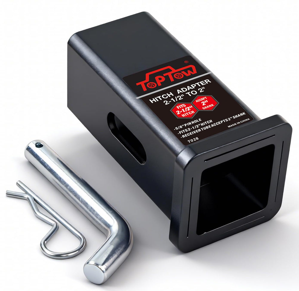 TOPTOW 64028S hitch adapter installed on a 2.5-inch receiver for 2-inch mounting