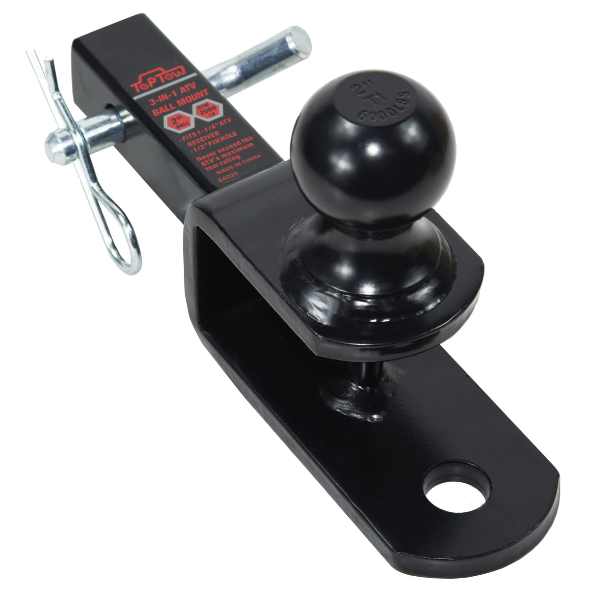 TOPTOW 3-in-1 hitch assembly showing three coupling options for versatility