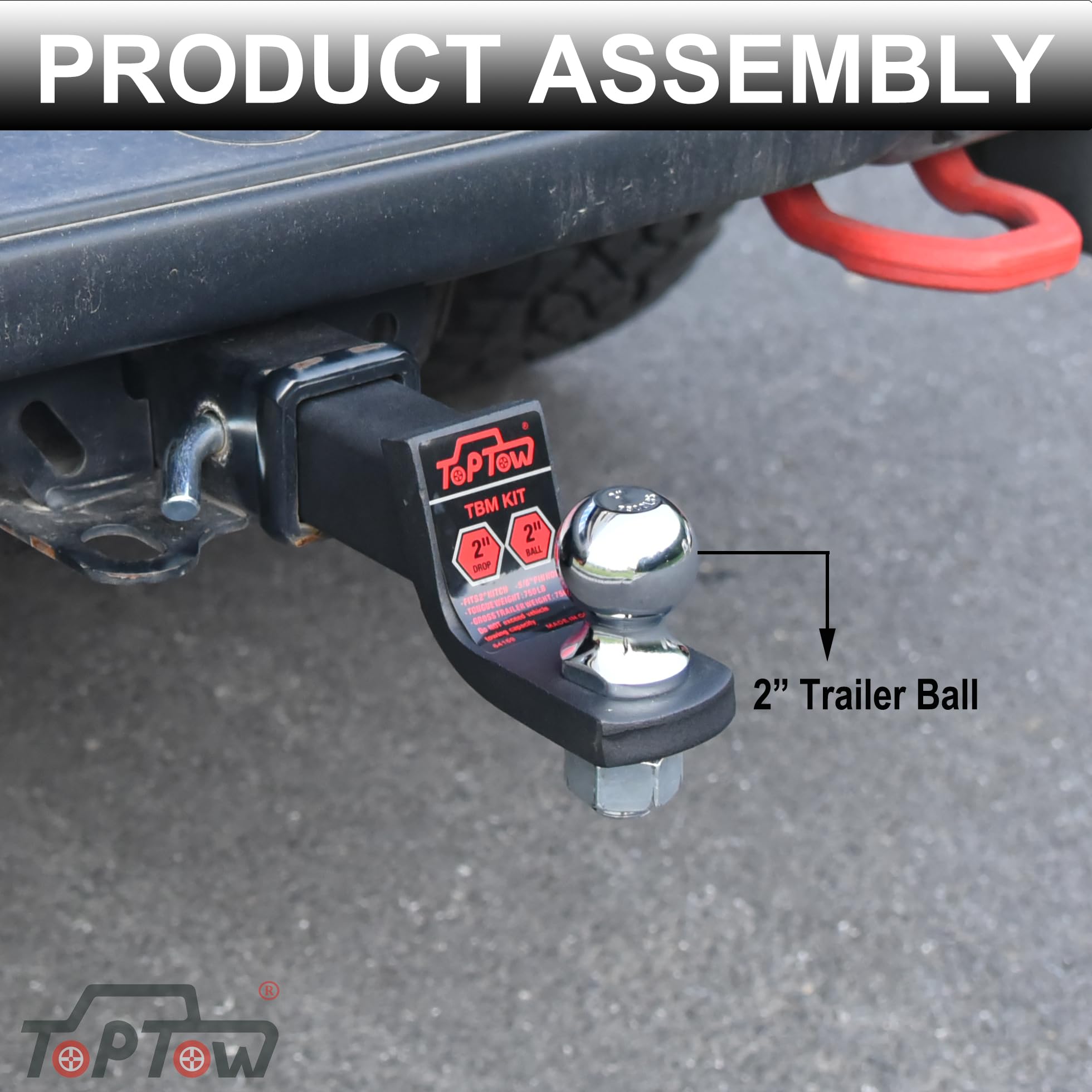 TOPTOW easy-tow setup with ball mount aligned for quick hitching.
