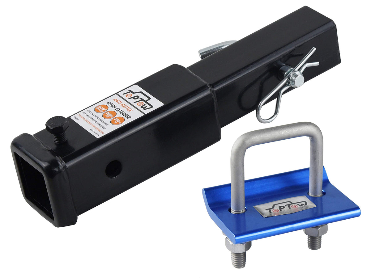 TOPTOW hitch extender shown with 8.5-inch reach for 2-inch receivers.