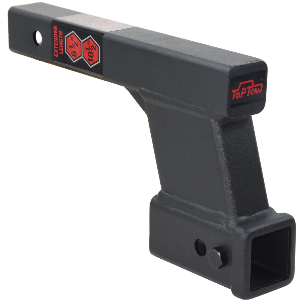 TOPTOW trailer hitch extender with 6-inch drop demonstrates level towing versatility.