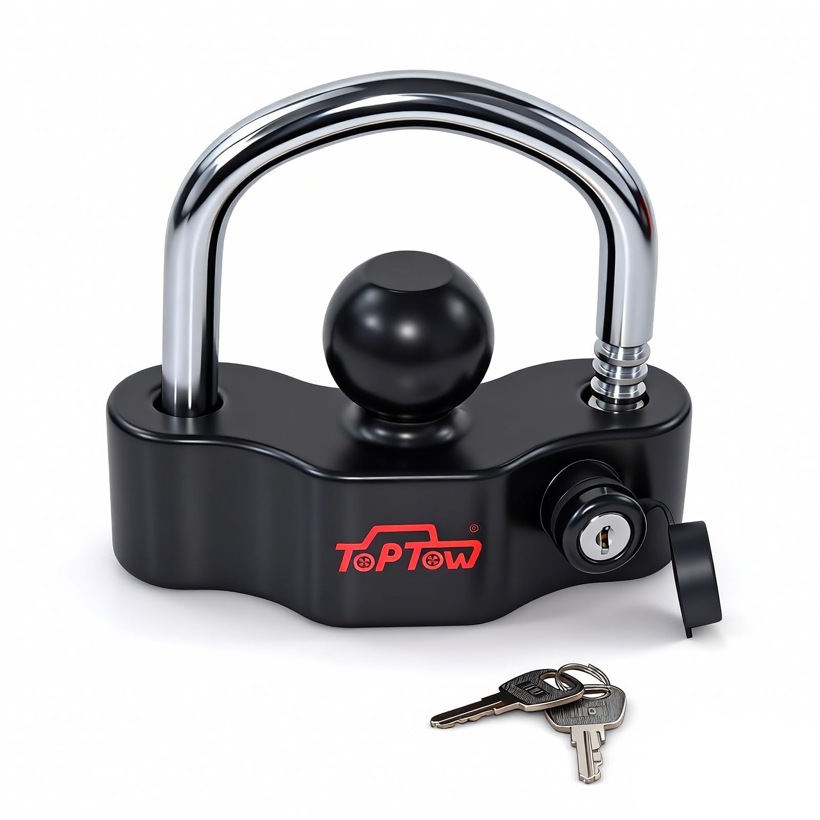 TOPTOW universal hitch lock demonstrates 1-7/8in compatibility for secure trailer couplers.