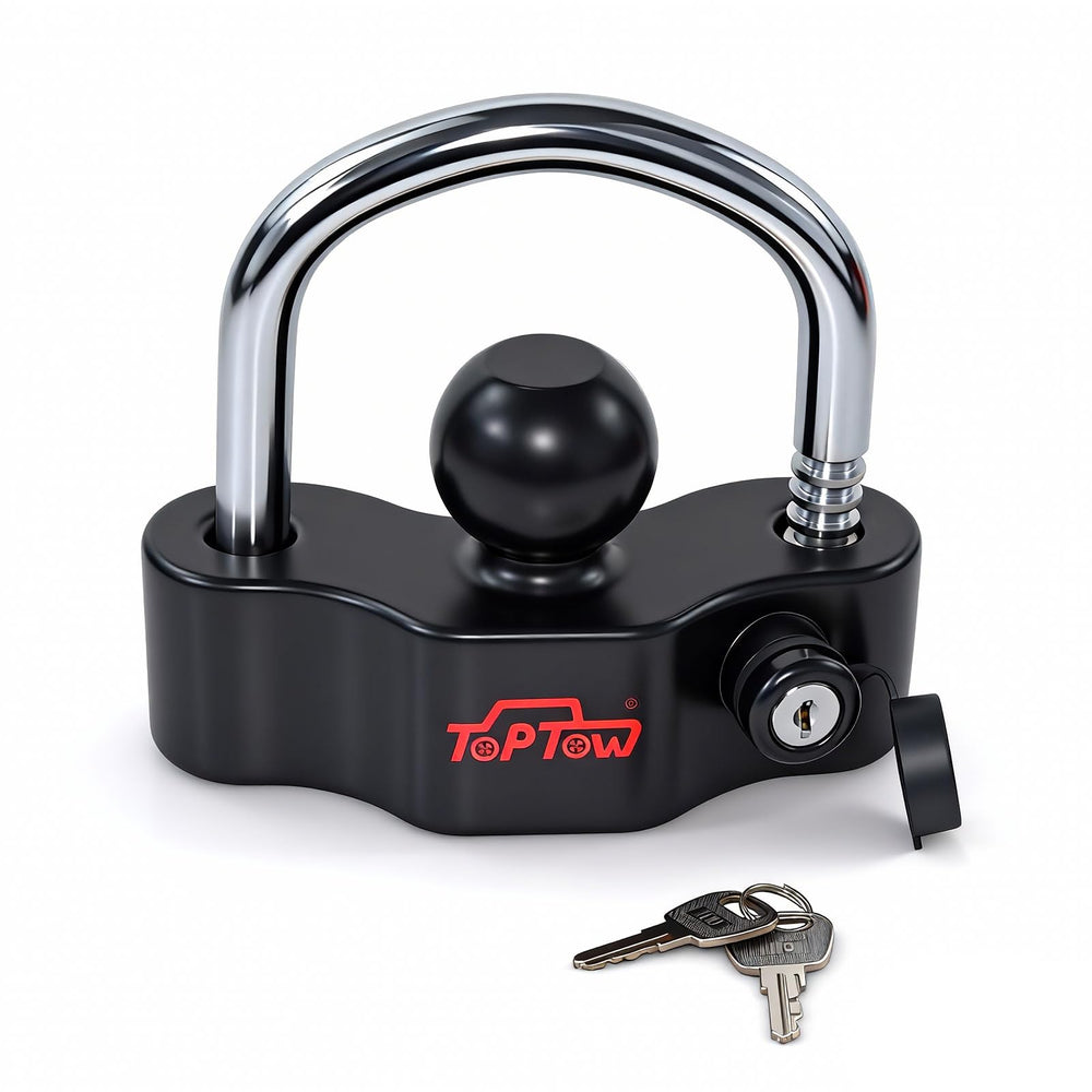 TOPTOW universal hitch lock demonstrates 1-7/8in compatibility for secure trailer couplers.