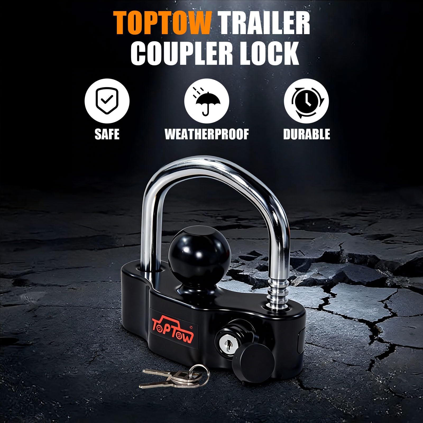TOPTOW universal hitch lock aligned with a 2-5/16in coupler to deter theft.