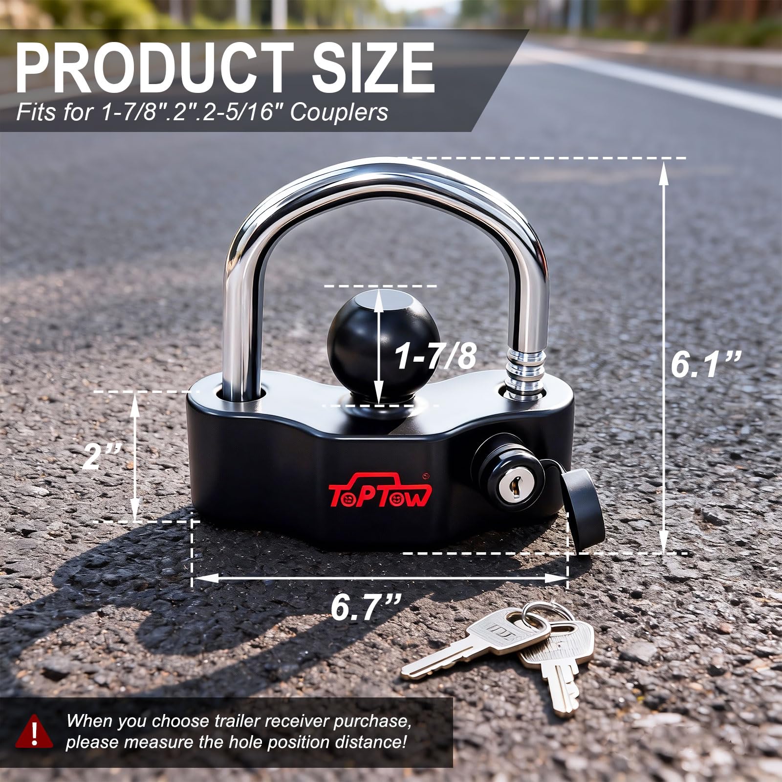TOPTOW universal hitch lock shown on a 2in coupler for versatile towing configurations.