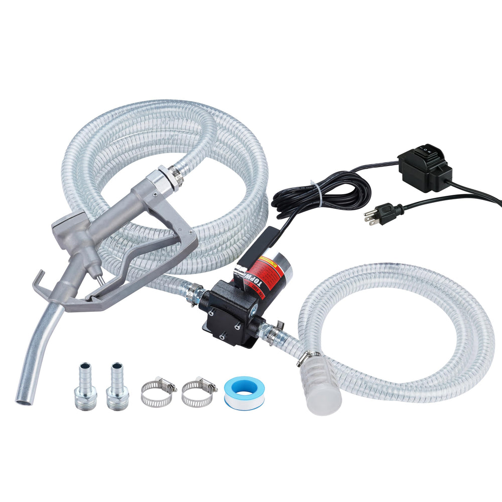 TOPWAY 110V fuel pump kit overview with hoses and nozzle for quick transfers.
