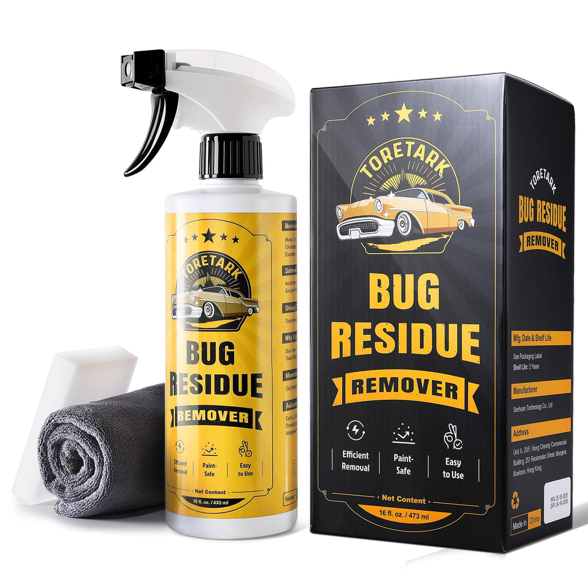 Toretark Bug Remover for Cars Exterior spray eases bug splats on paint for a cleaner finish.