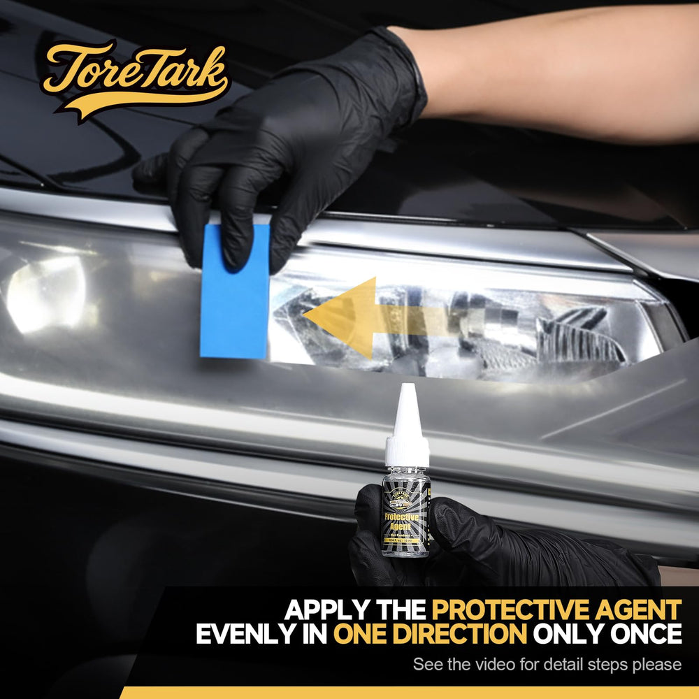 Toretark surface shine visual highlights glossy, like-new headlights after treatment.