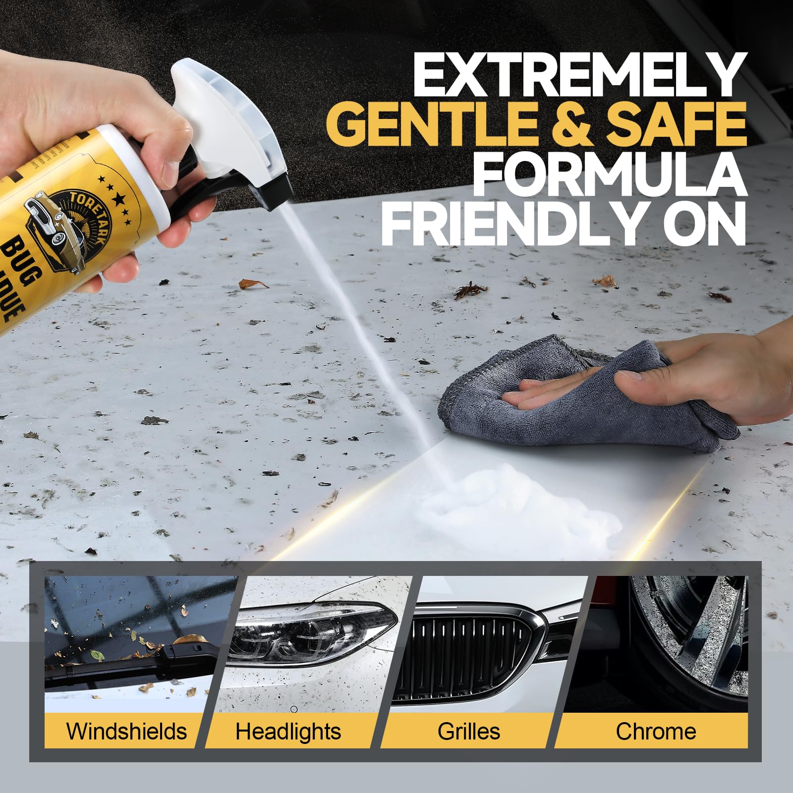 Toretark water spot remover dissolves mineral marks on glass and paint.