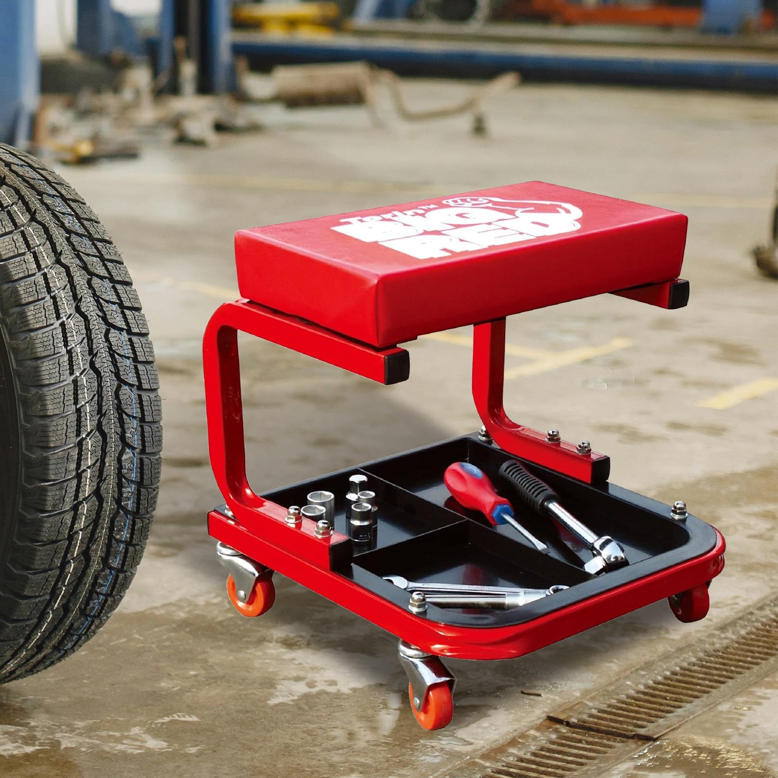 1-year limited warranty badge on Torin TR6300 Creeper Seat emphasizes support