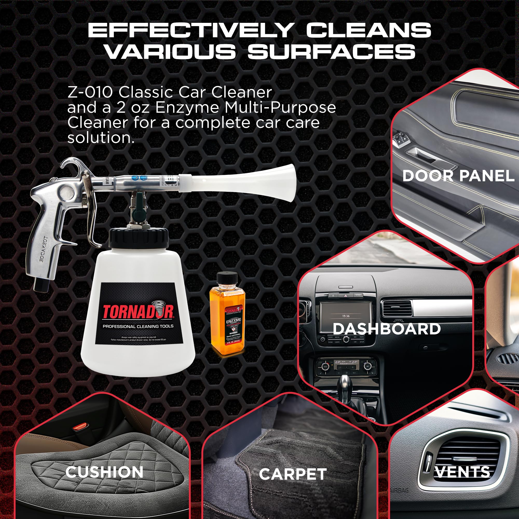 Tornador Z-010 interior cleaning on dashboards and plastics without oversaturation.
