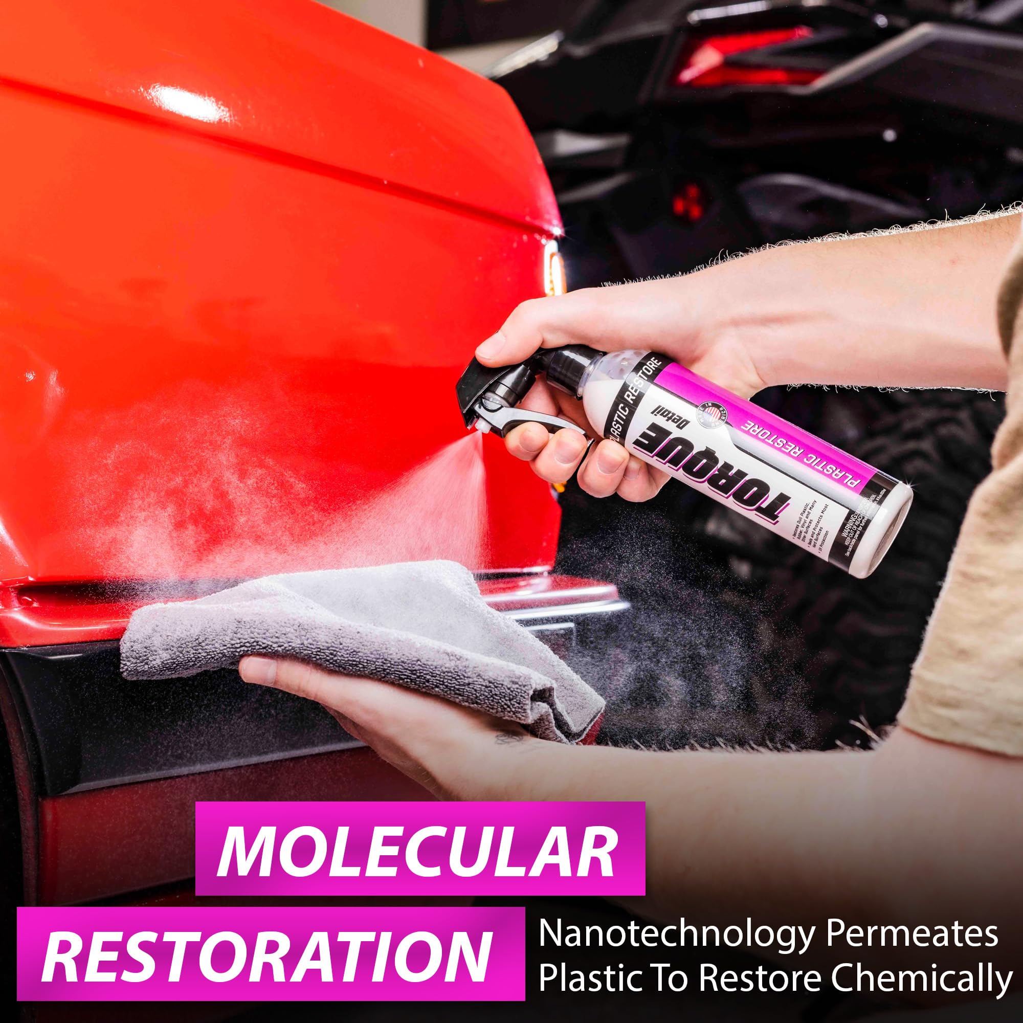 Torque Detail Trim Restorer spray demonstrates application on an interior panel.