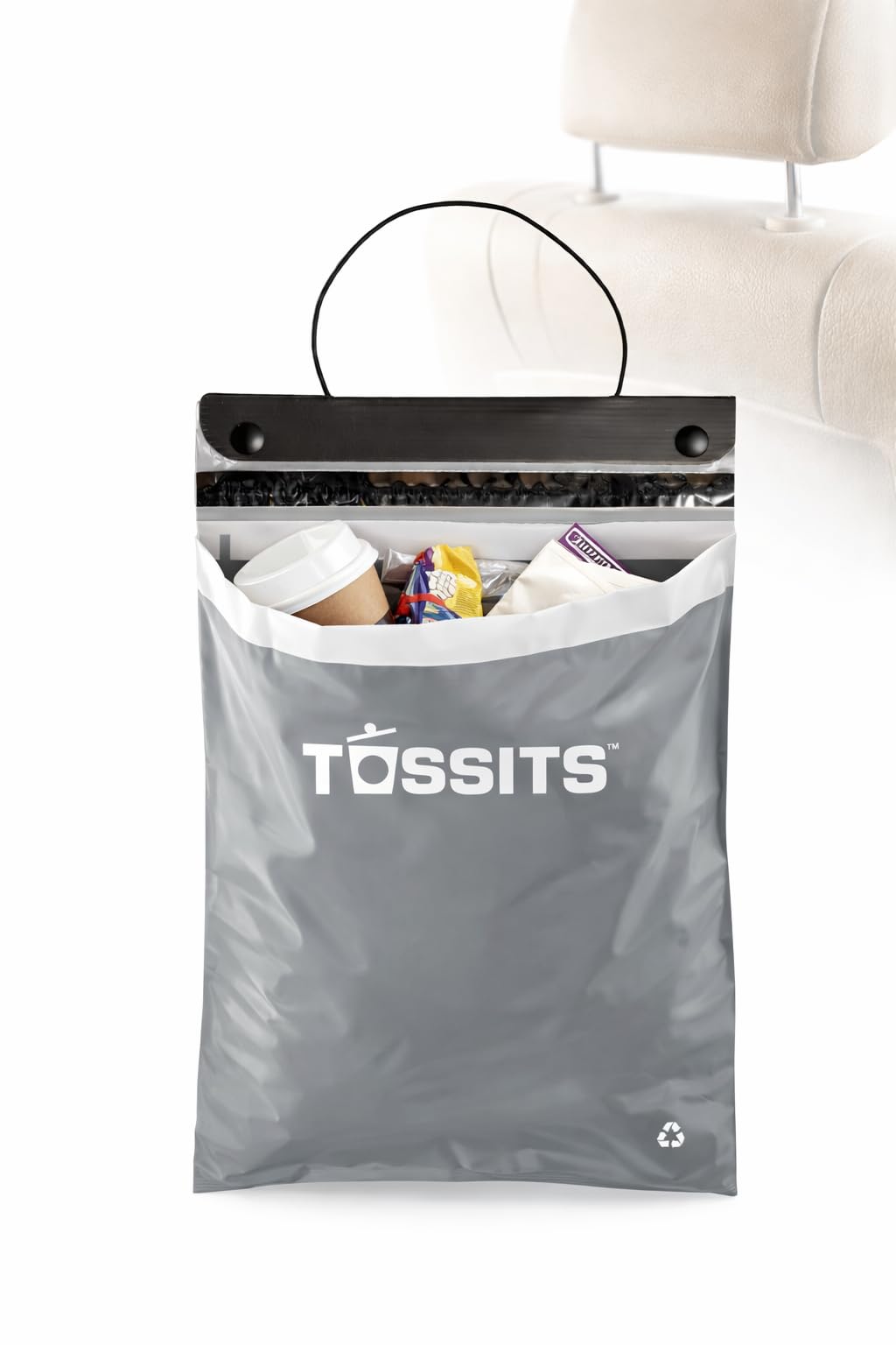 Tossits gray recycled car trash bags, 21-count, odor-blocking and leakproof for vehicle use.