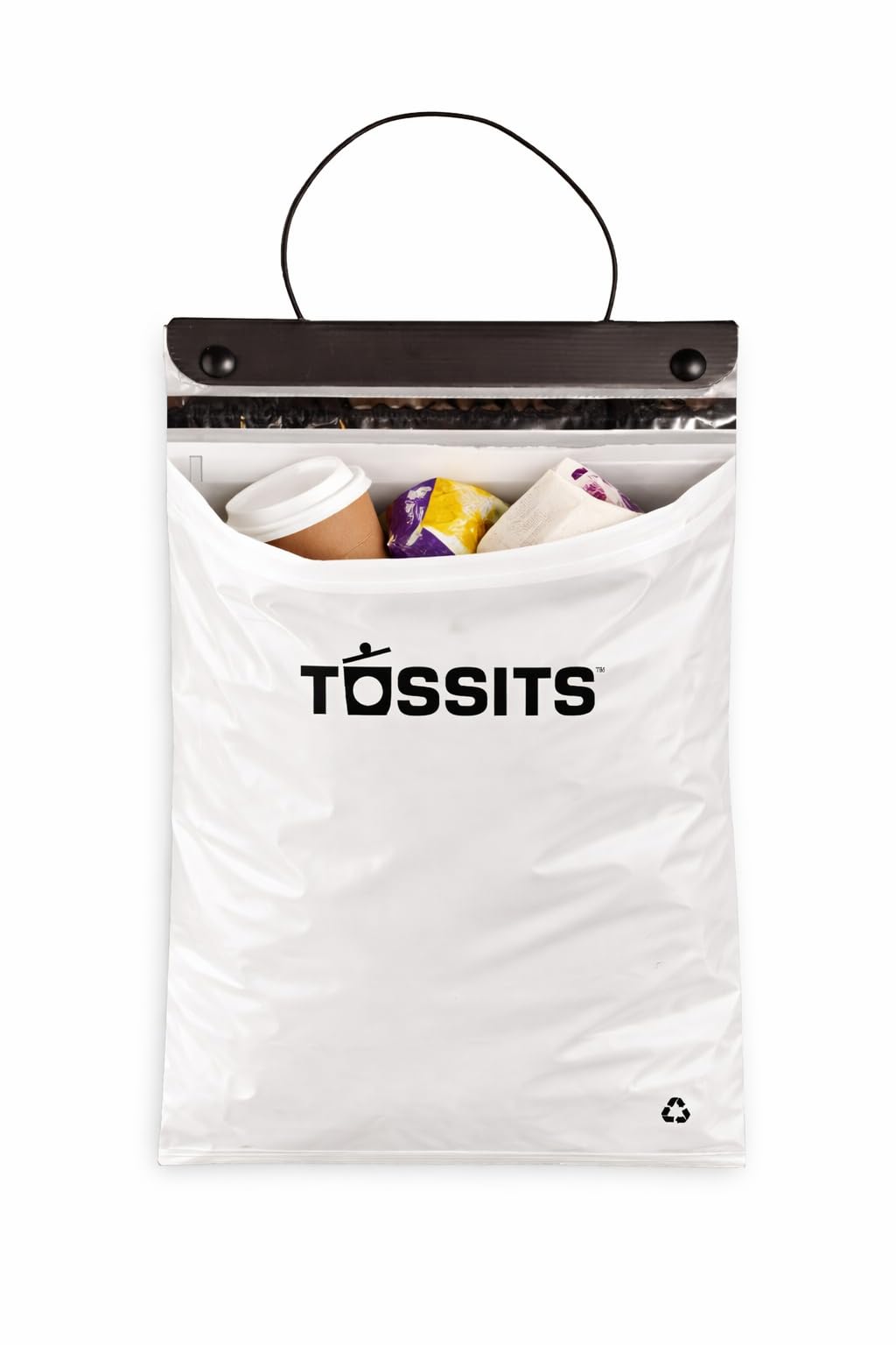 Tossits recycled car trash bag hanging from headrest helps contain odors while traveling.