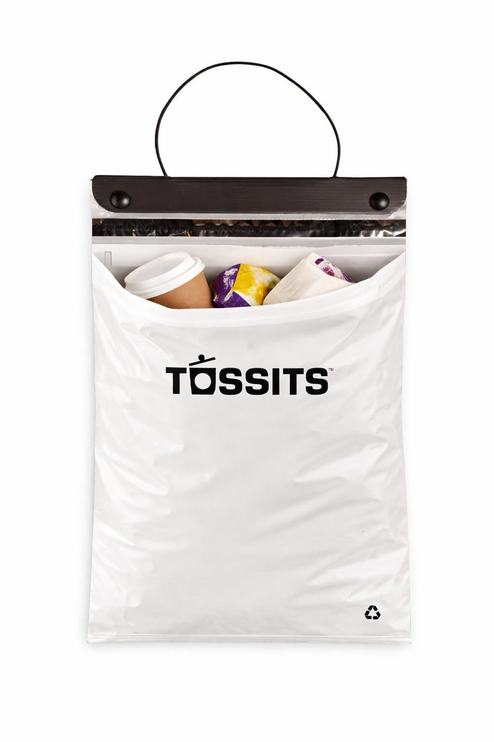 Tossits recycled car trash bag hanging from headrest helps contain odors while traveling.