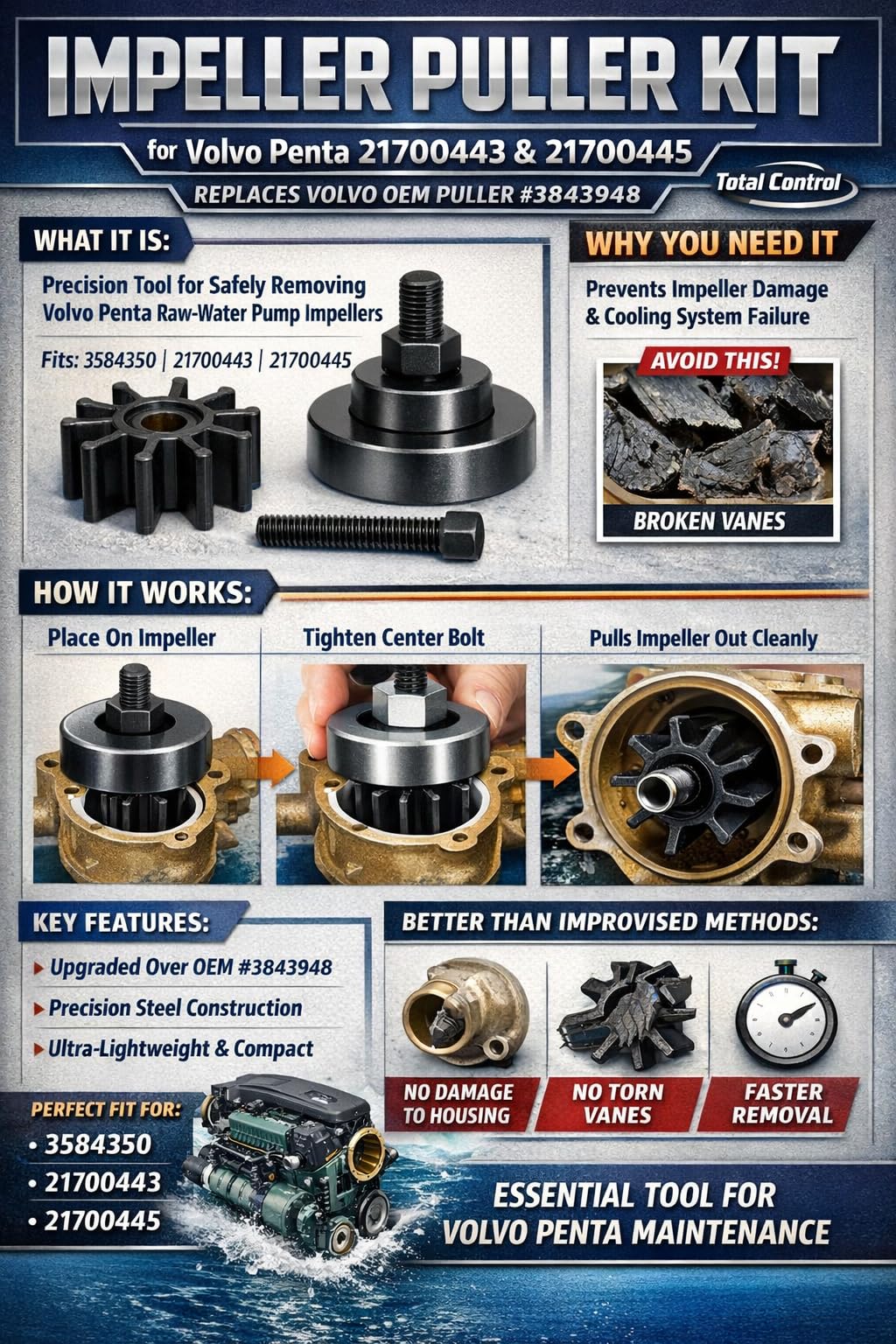 Adapter reducer enables smooth, tool-free impeller extraction.