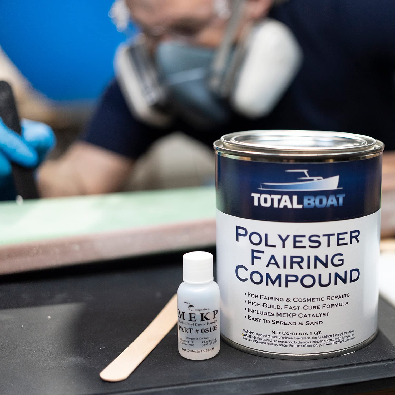 TotalBoat Polyester Fairing Compound gallon spread shows feathered edge for seamless blending.