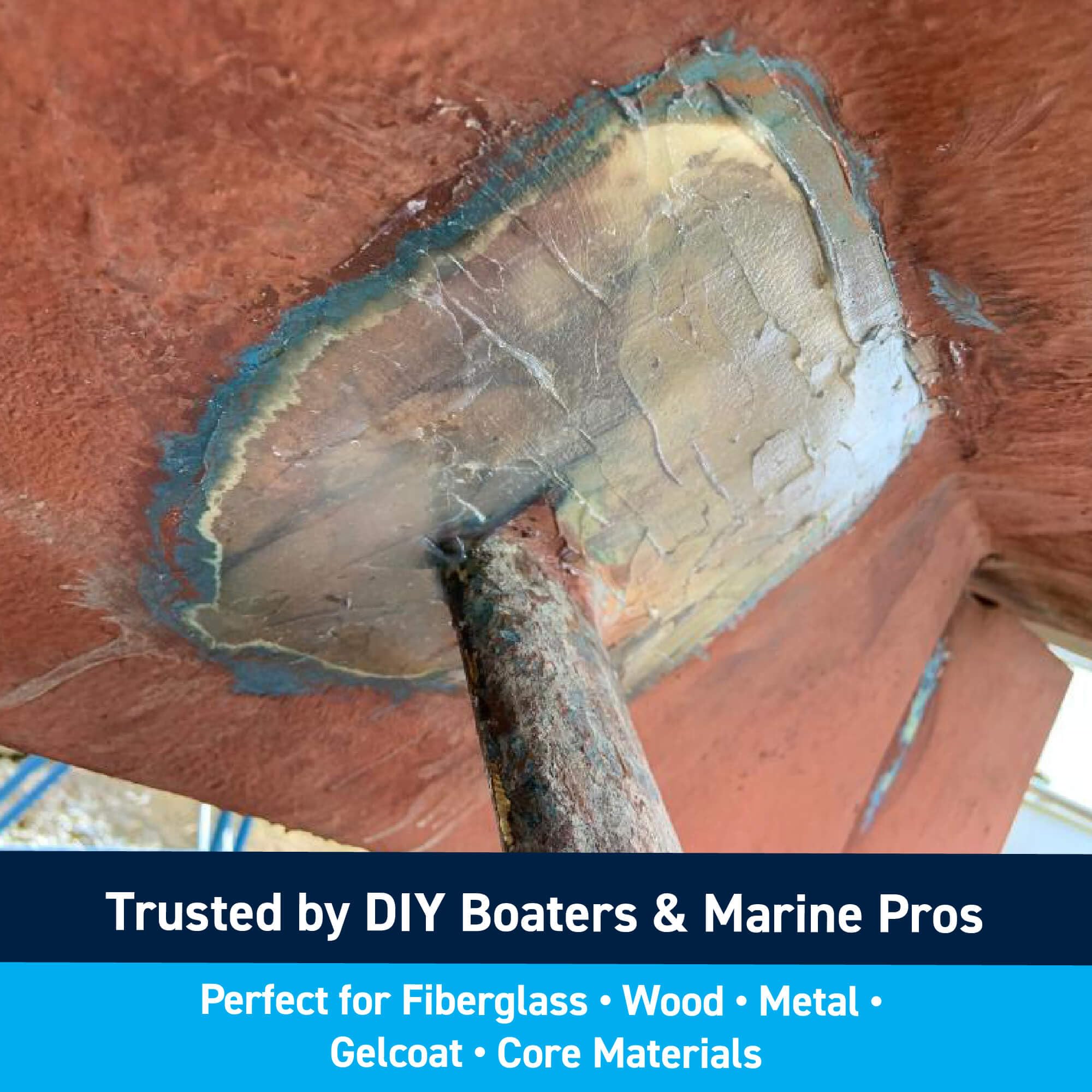 TotalBoat Polyester Structural Repair Putty filling voids and chips in fiberglass.