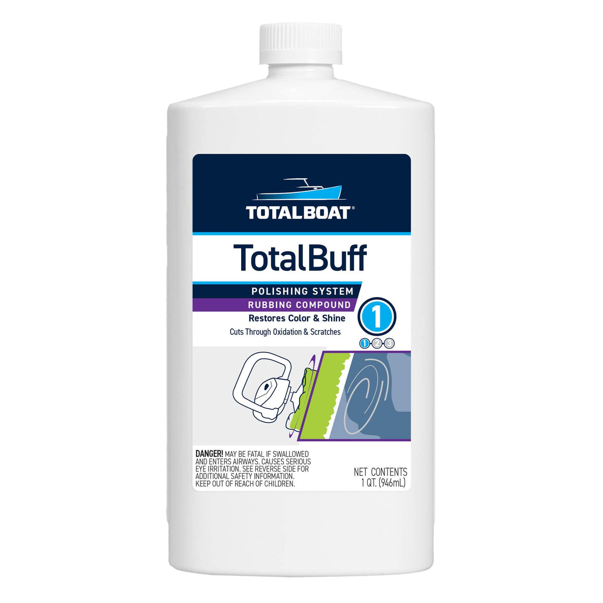 TotalBoat TotalBuff quart bottle removes heavy oxidation from gelcoat.