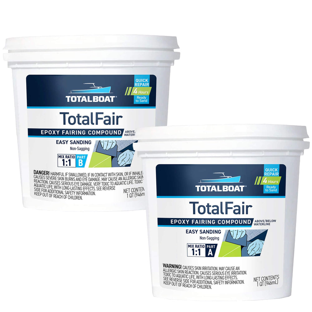TotalBoat TotalFair epoxy filler in a pail for durable hull repairs.