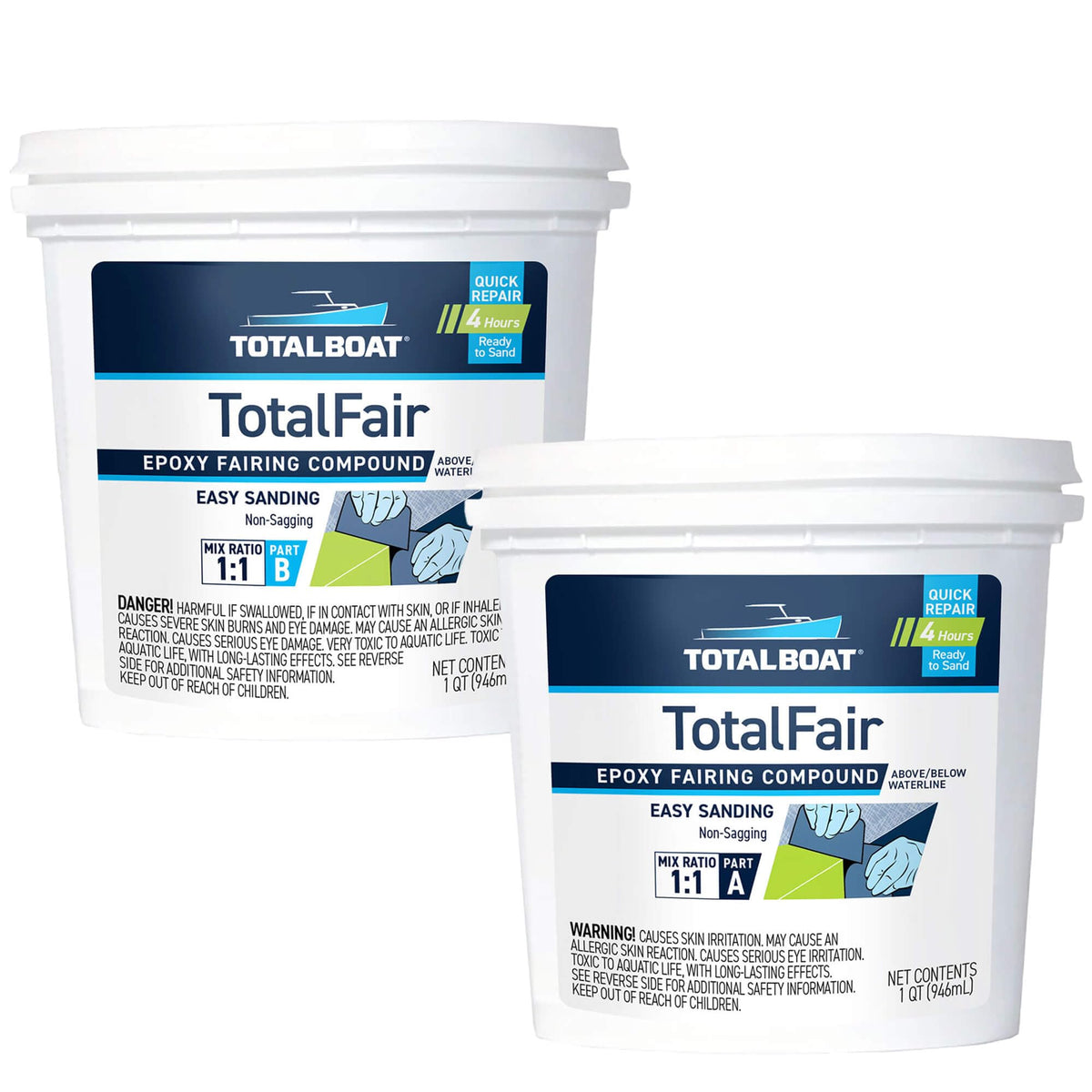 TotalBoat TotalFair epoxy filler in a pail for durable hull repairs.