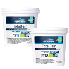 TotalBoat TotalFair epoxy filler in a pail for durable hull repairs.