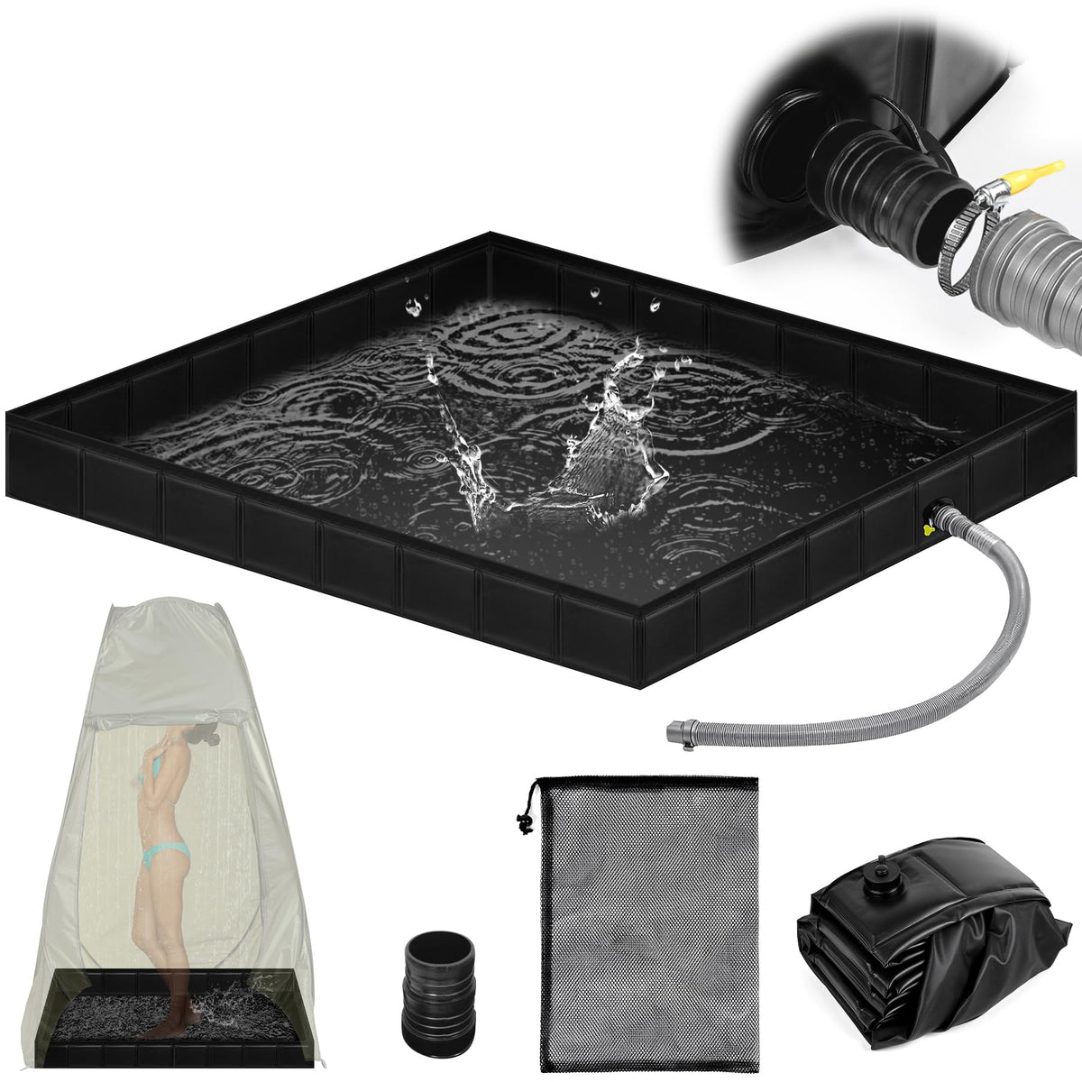 Tottist upgraded portable shower pan wide shot highlighting spacious outdoor rinse base.