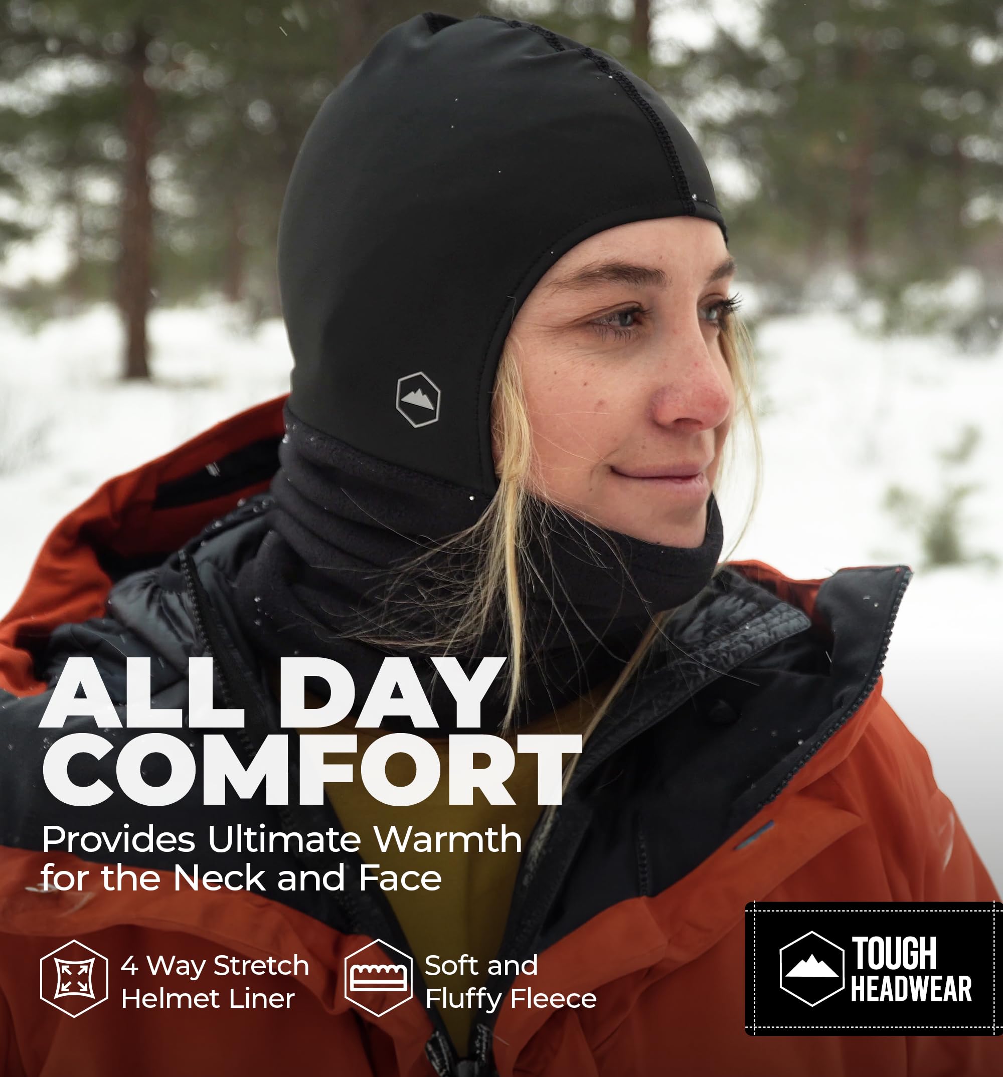 Tough Headwear balaclava breathable mouth panel highlights airflow during skiing or running.