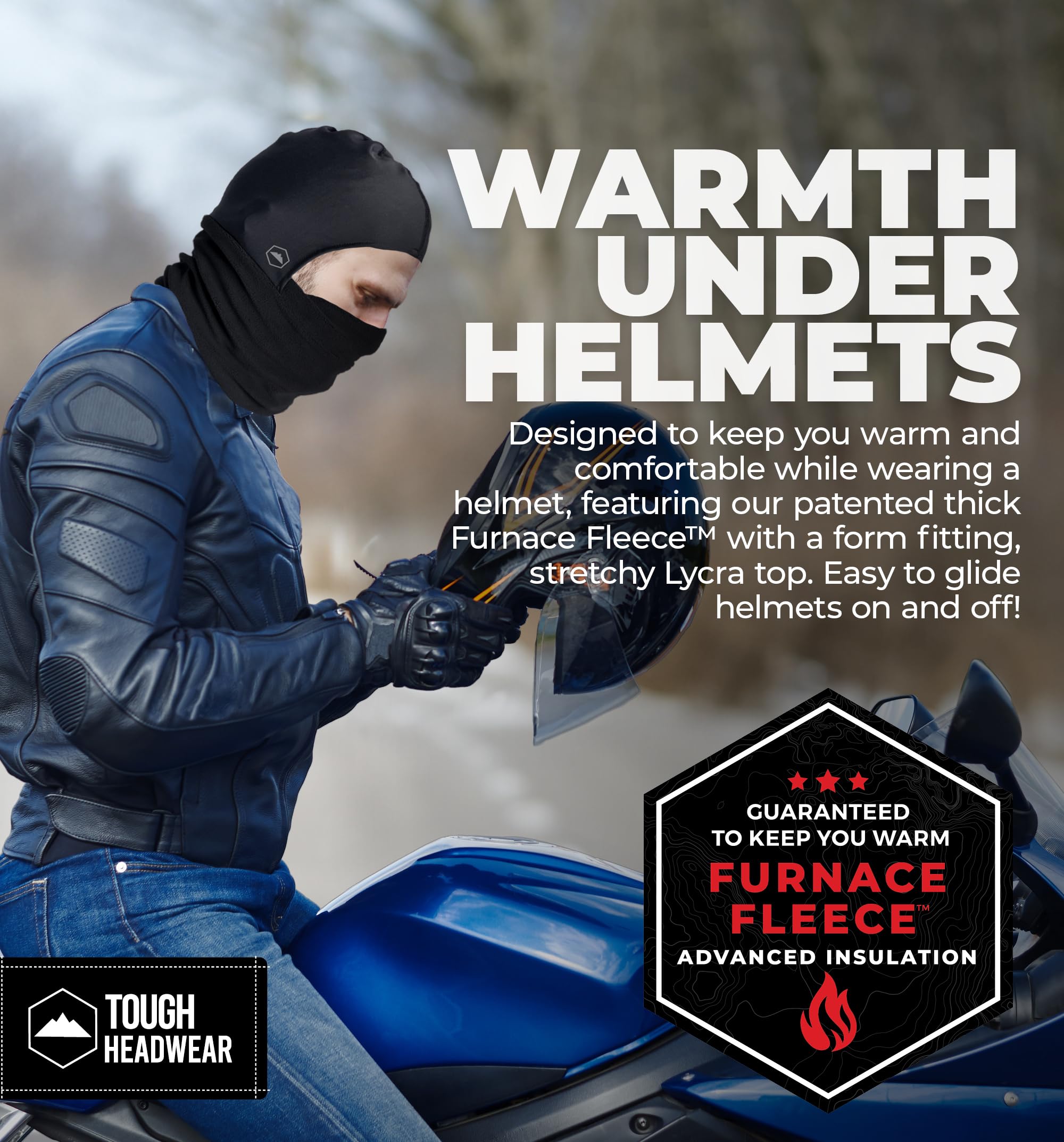 Tough Headwear balaclava under-helmet fit demonstrates easy slip-on design for motorcyclists.