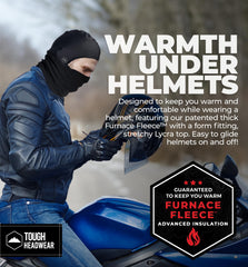 Tough Headwear balaclava under-helmet fit demonstrates easy slip-on design for motorcyclists.