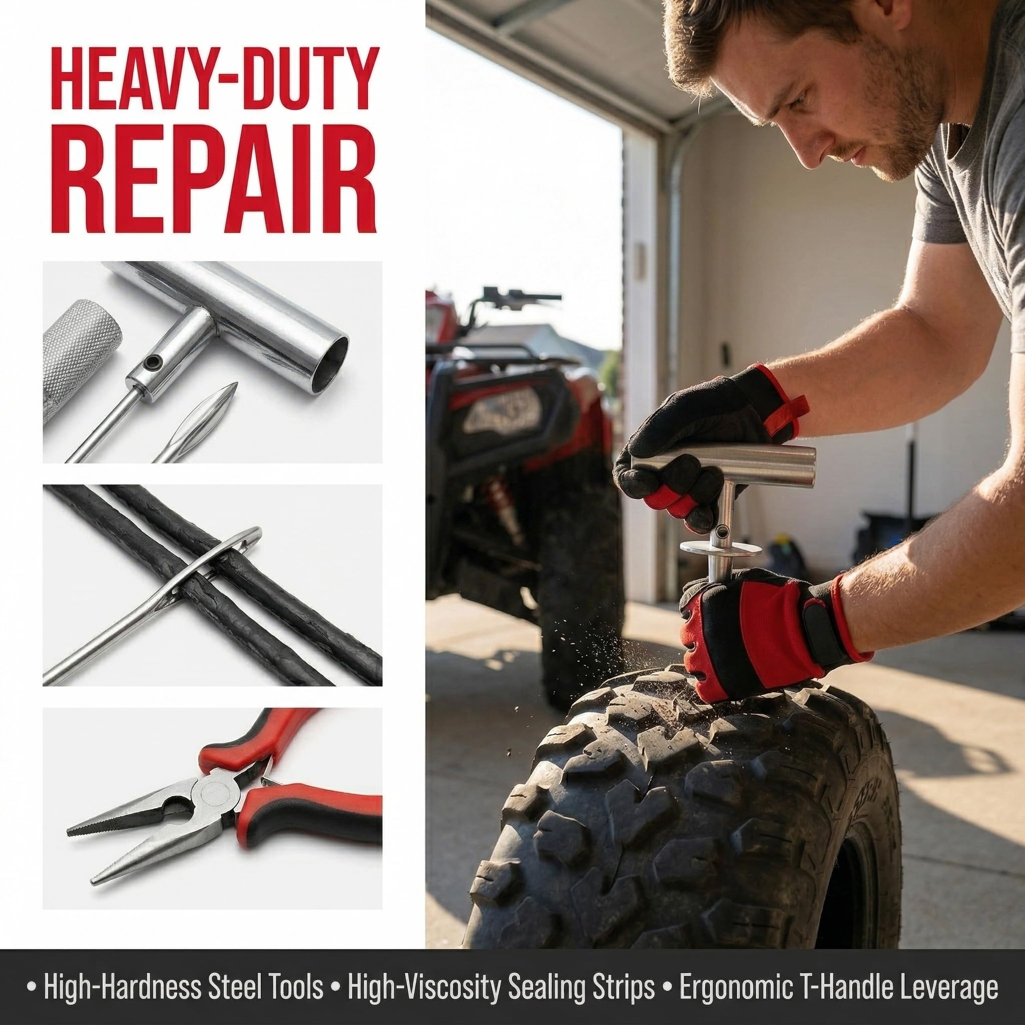 TOURGUARD 31-piece kit with plugs and tools for versatile tire puncture repair.