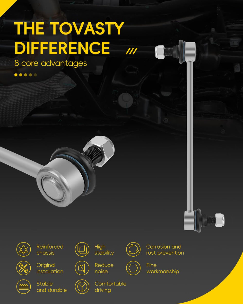 TOVASTY sway bar link close-up shows high-tensile materials.