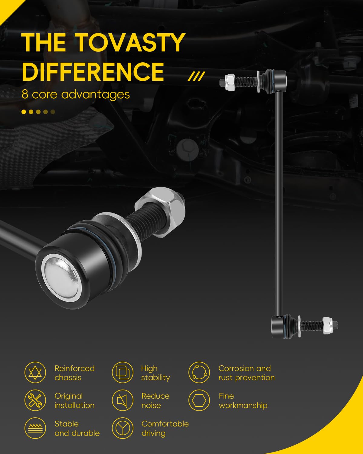 TOVASTY sway bar link front-right angle enhances steering response for Ford Explorer.