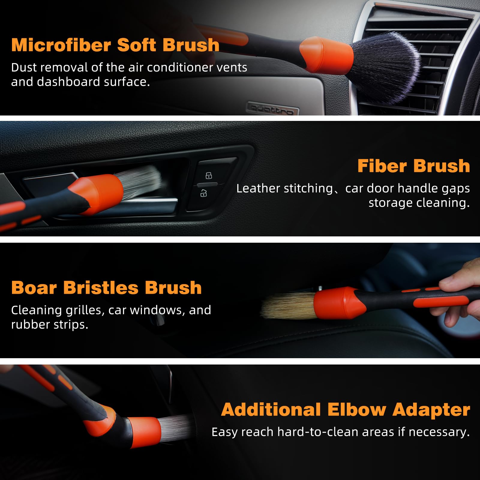 TOWBRUS detailing brushes with elbow adapter reach tight gaps safely.