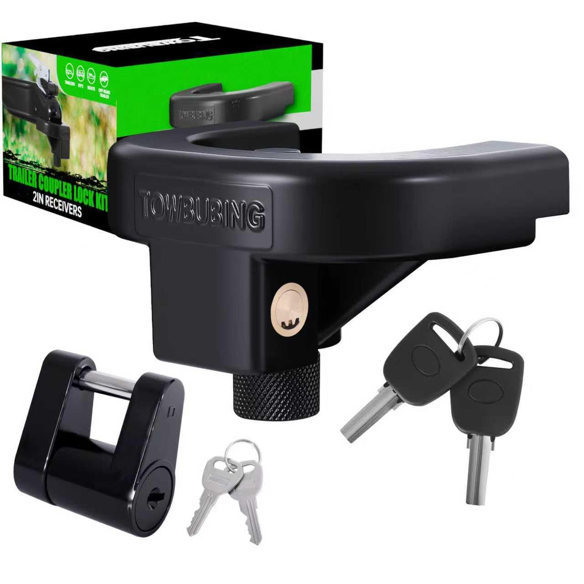 TOWBUBING 2in trailer hitch lock secures the coupler and helps deter theft on the road.