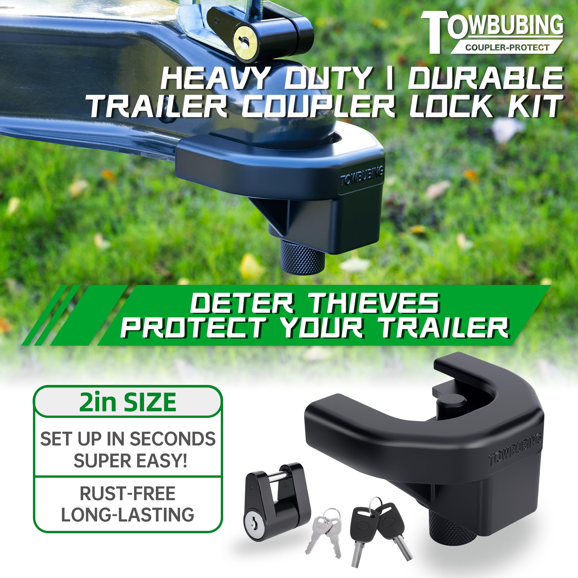 TOWBUBING heavy-duty coupler lock provides robust protection against tampering during travel.