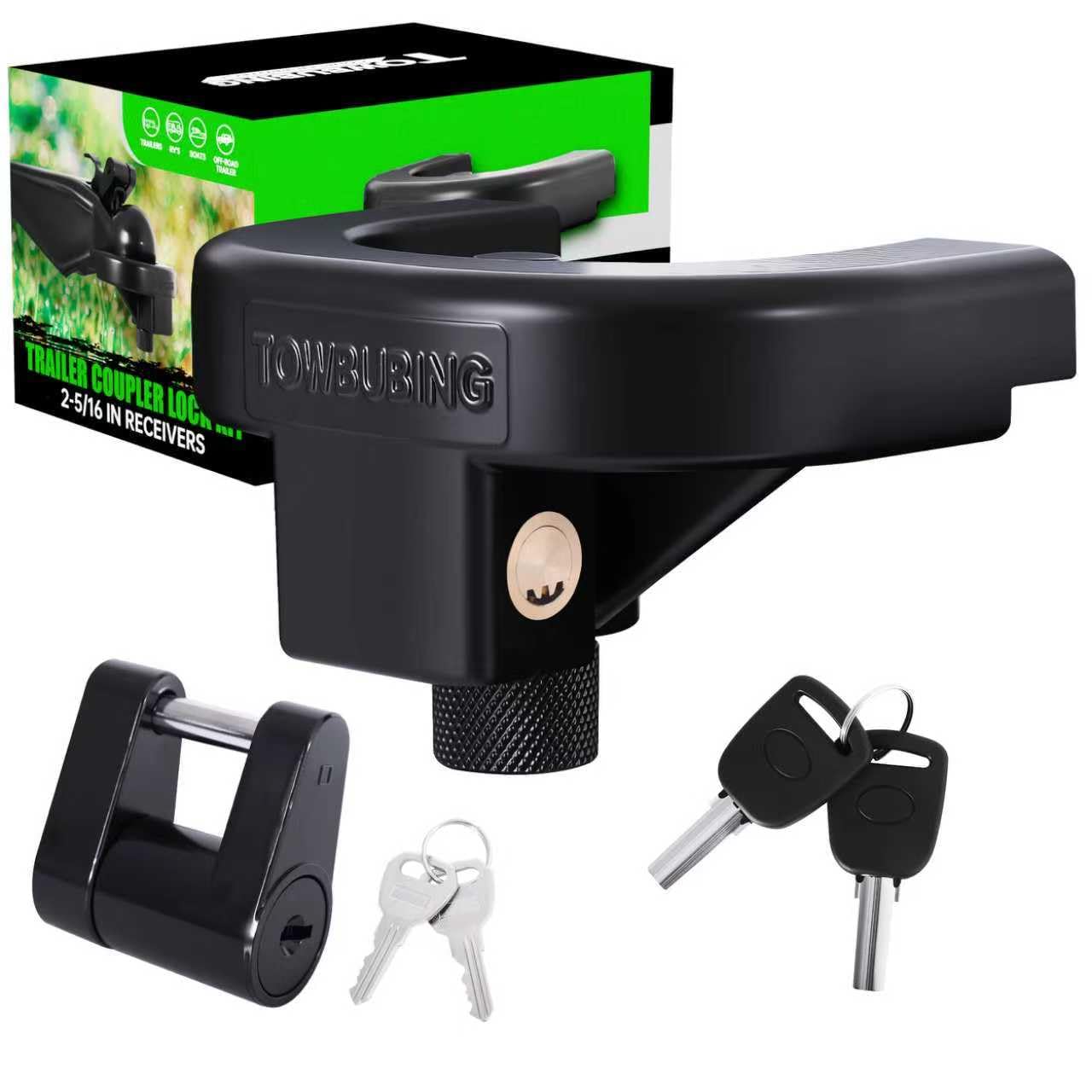 TOWBUBING trailer hitch lock kit close-up of rugged coupler lock for security