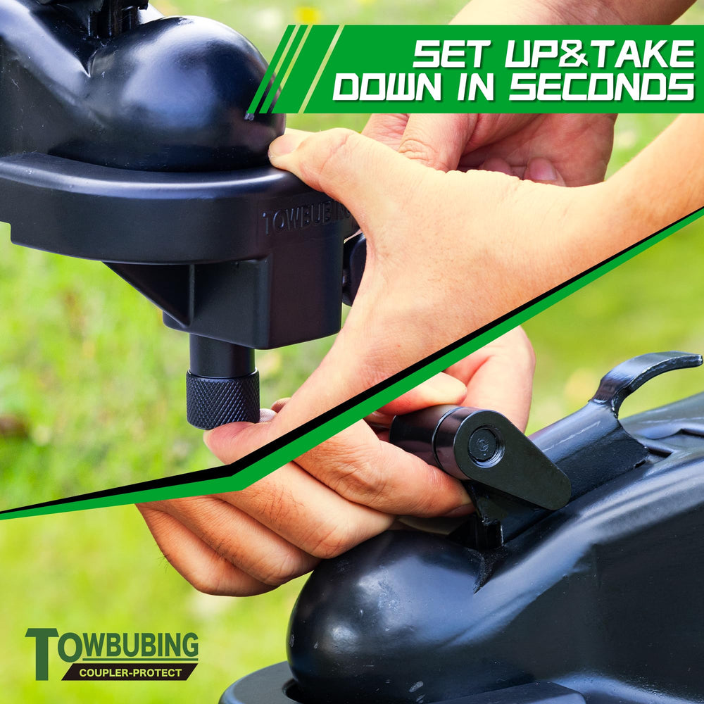 TOWBUBING installation scene shows tool-free setup in seconds