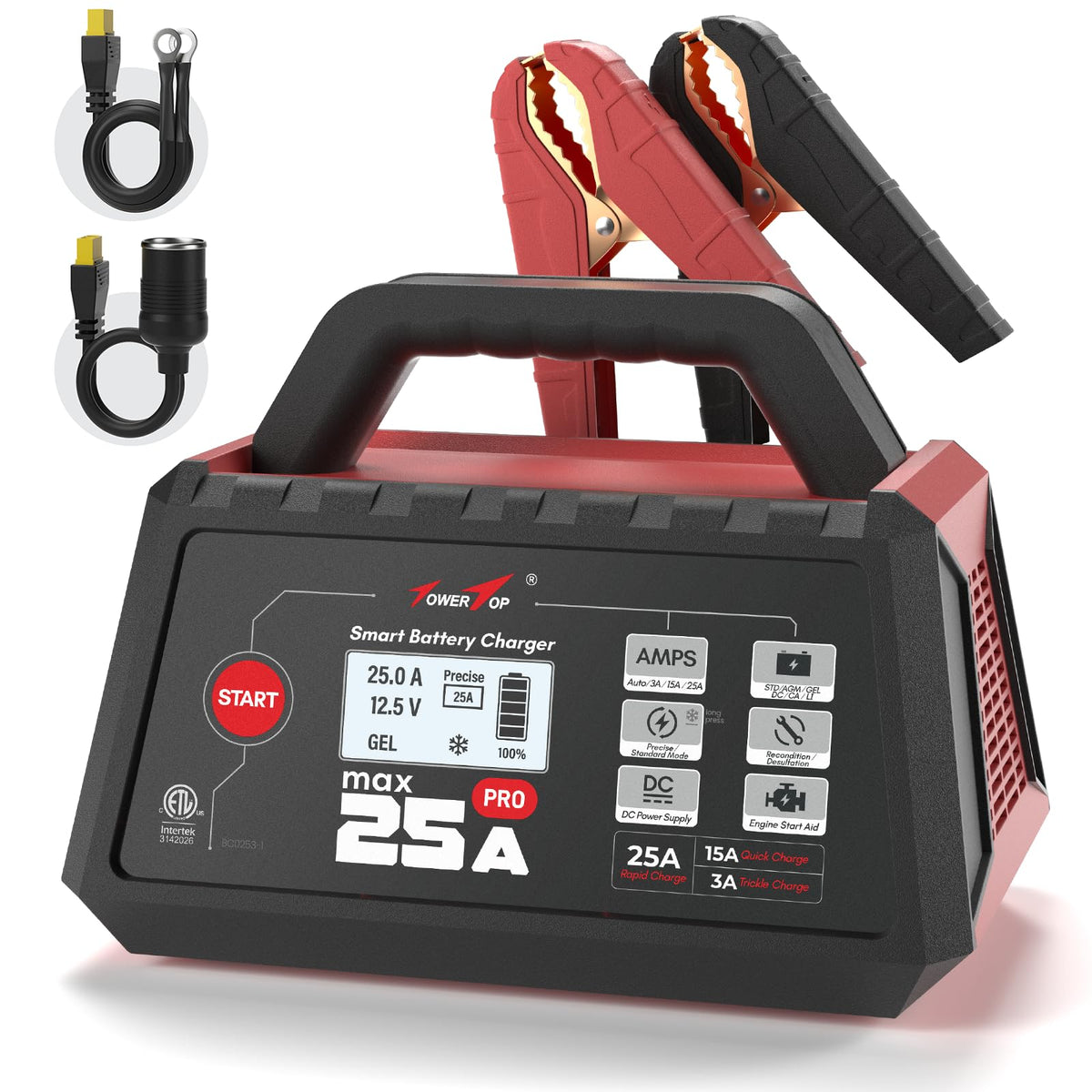 TowerTop 25A Max Pro charger front view with clear LCD for easy monitoring.