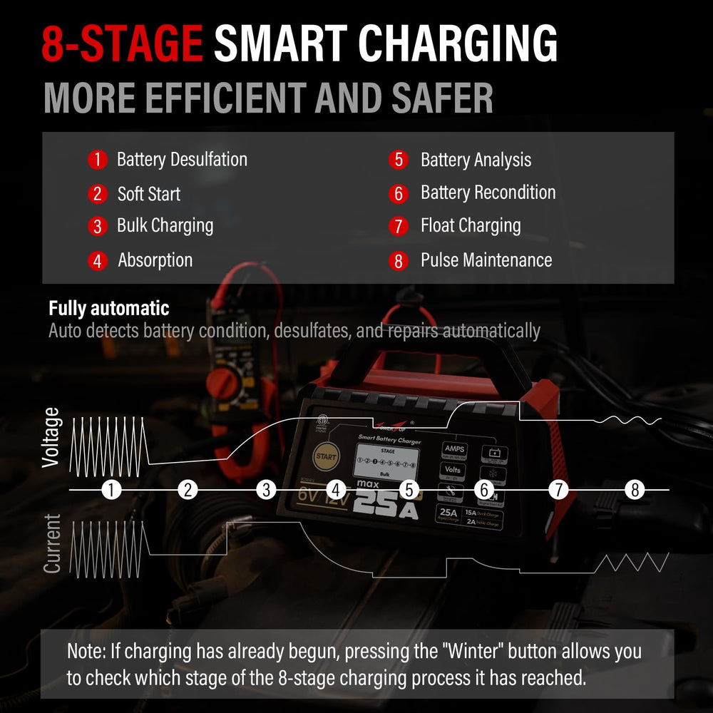TowerTop 25A Pro+ charger supports 6V/12V and LiFePO4 with six charging modes.