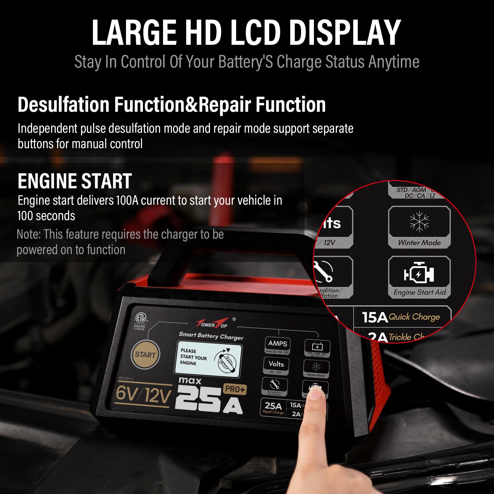 TowerTop 25A Pro+ desulfation and repair features help extend battery life.