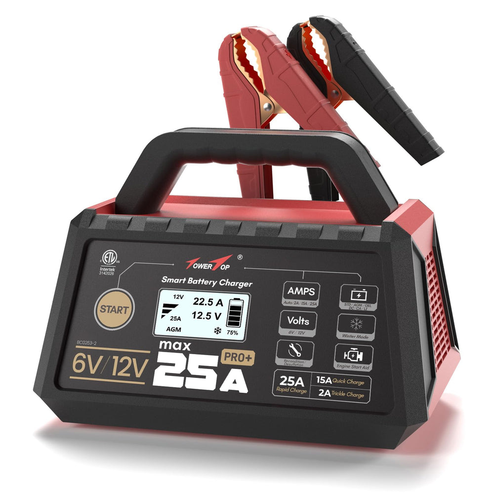 TowerTop 25A Pro+ charger front view for easy setup and visibility.