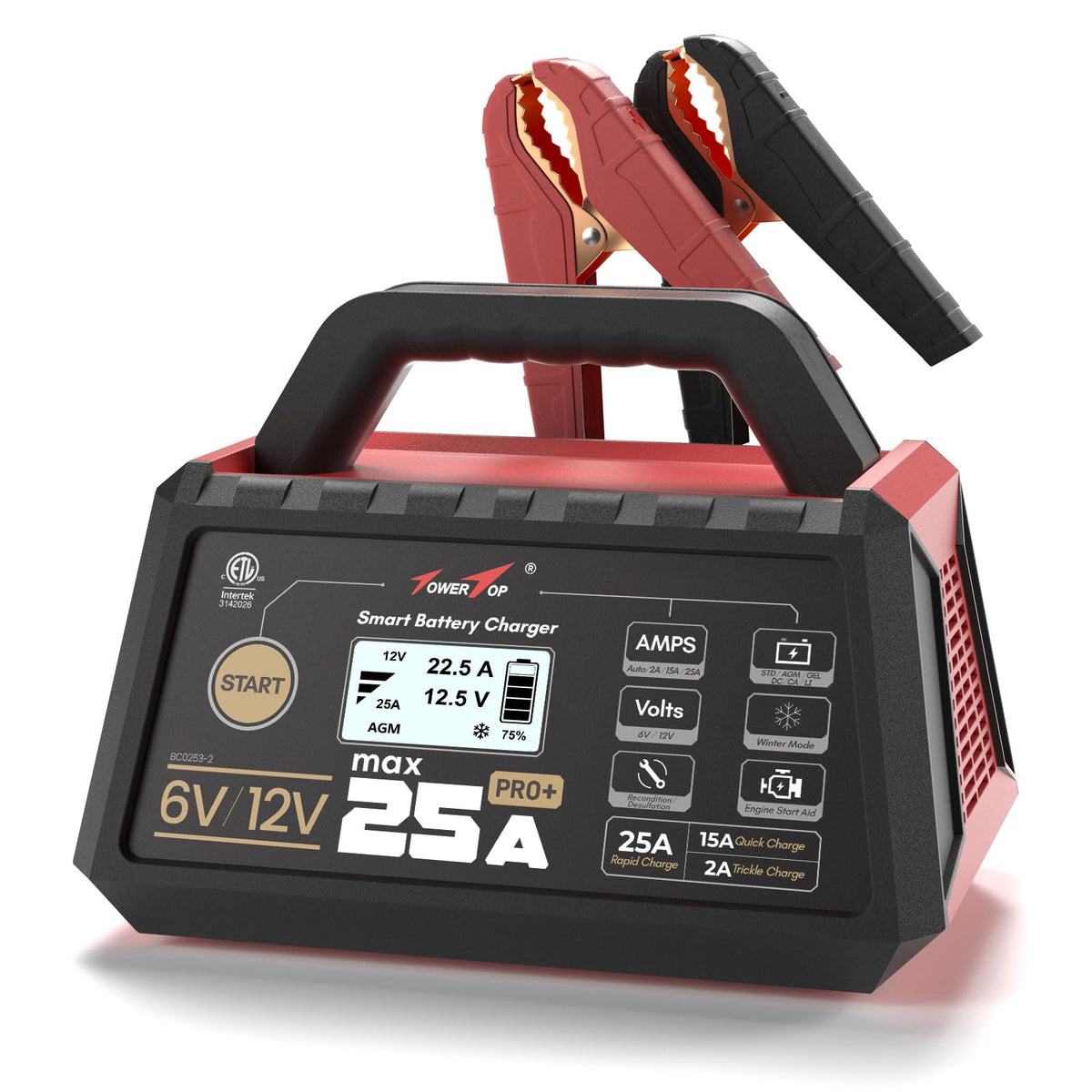 TowerTop 25A Pro+ charger front view for easy setup and visibility.