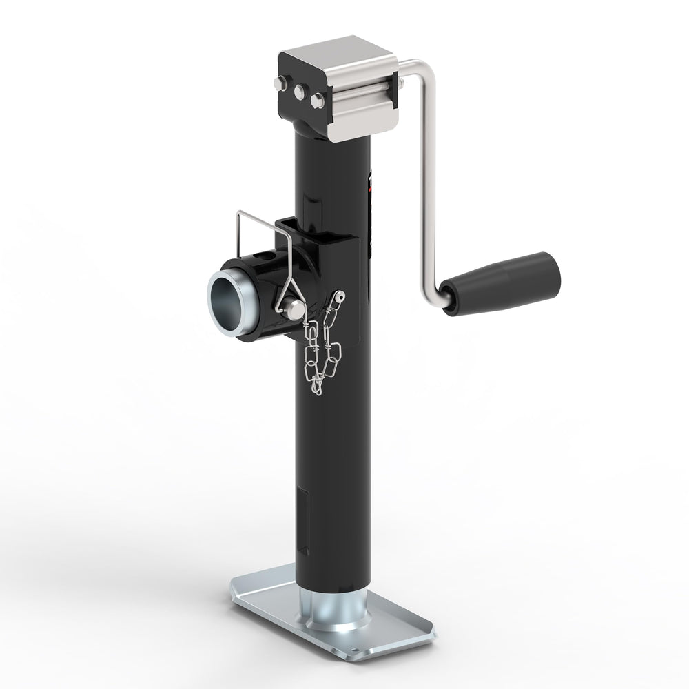 TowKing 5,000 lbs pipe-mount trailer jack installed for stable RV or boat trailer mounting.