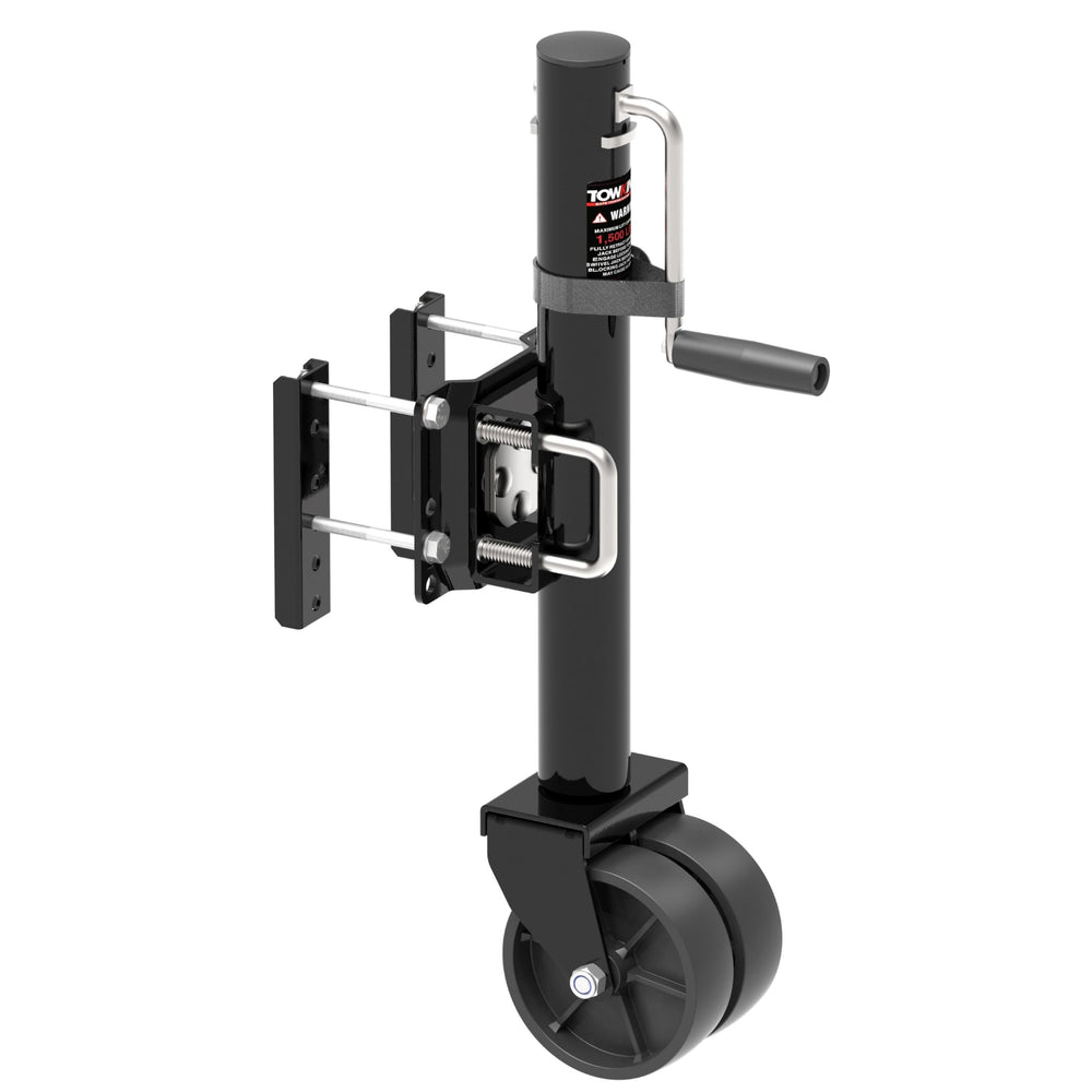 Towking 6-inch dual wheels trailer jack boosts maneuverability on uneven terrain.