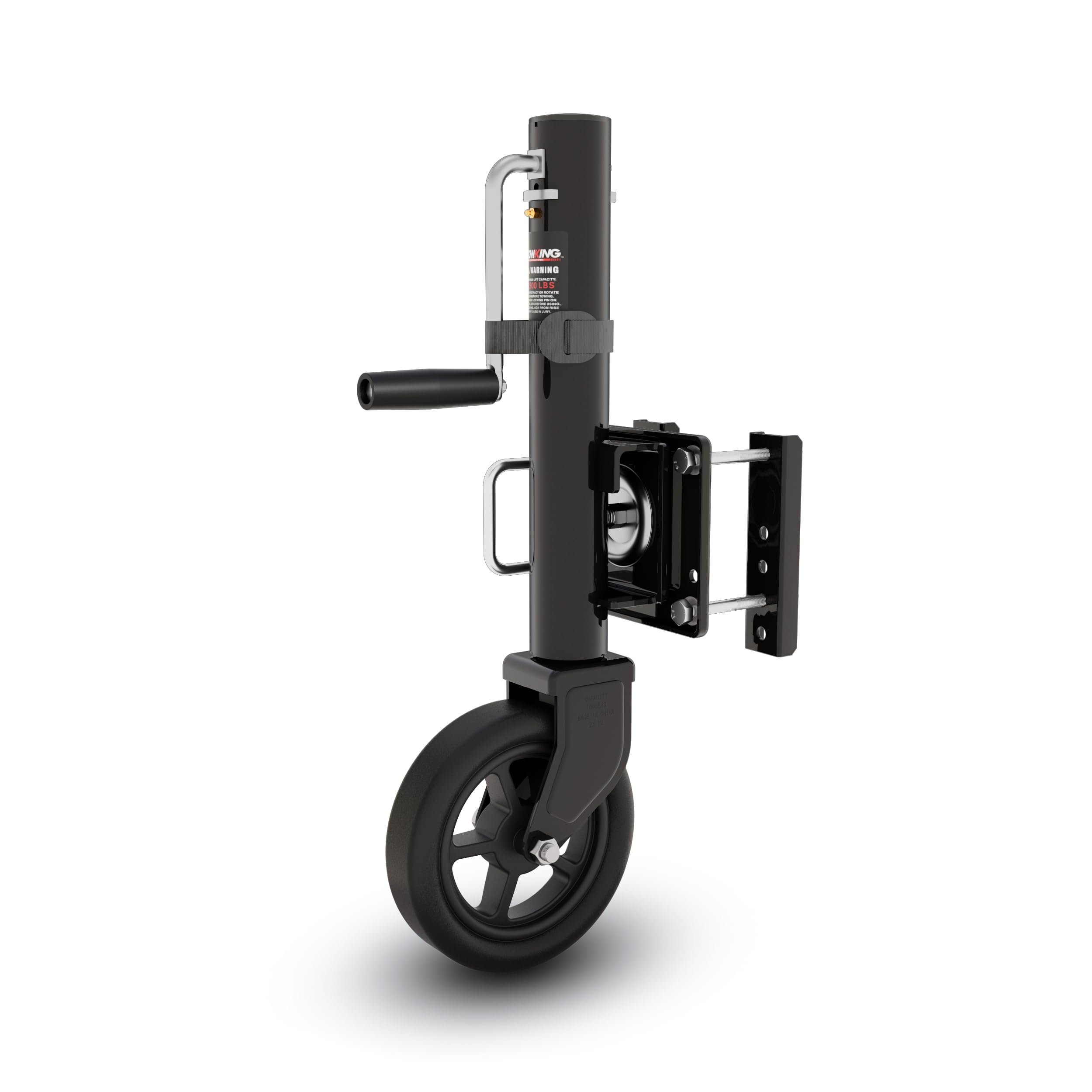 Towking 8-inch spoke wheel trailer jack side view for easy maneuverability.