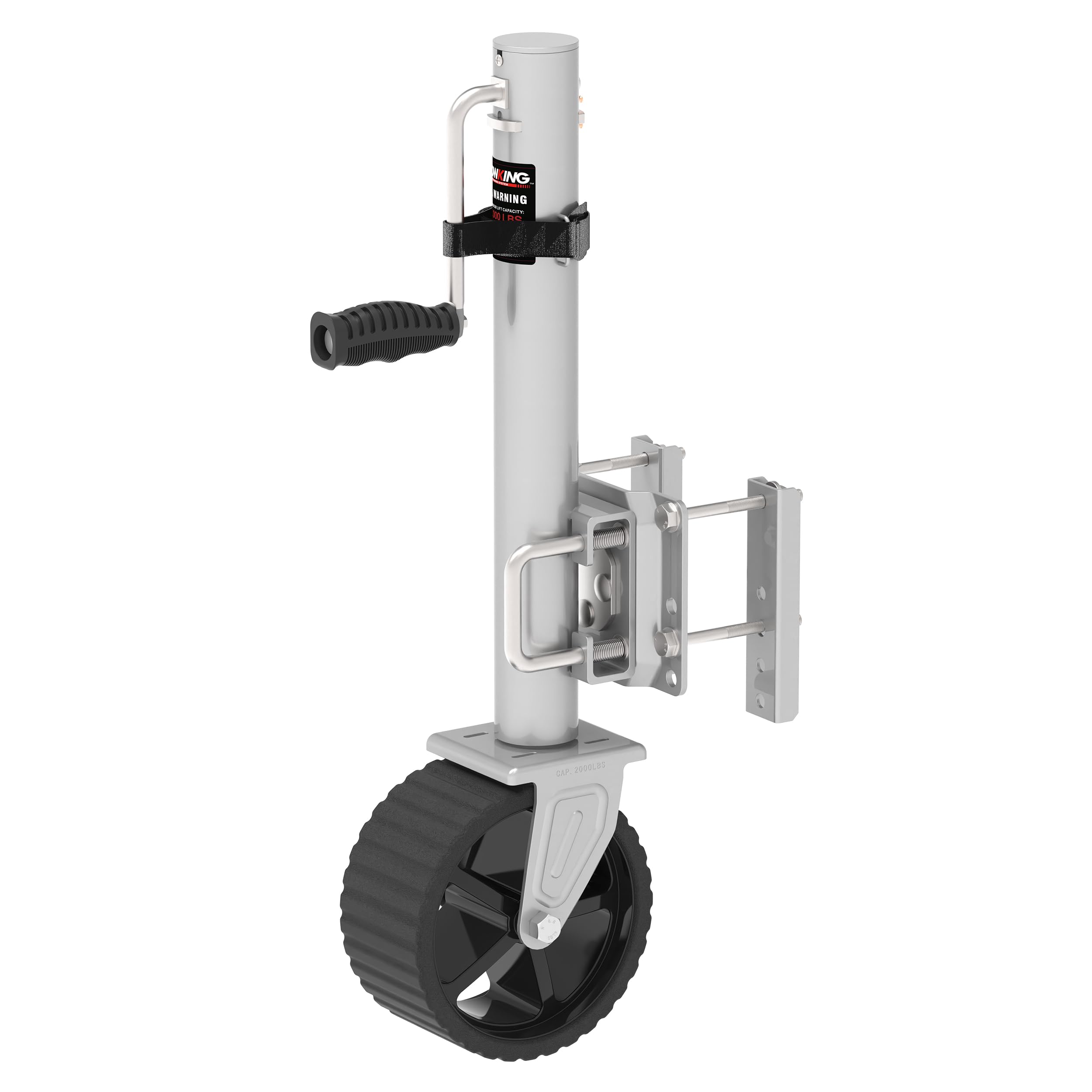 TowKing 8in wheel trailer jack on a boat trailer enables smoother maneuvering with 2,000 lb capacity.